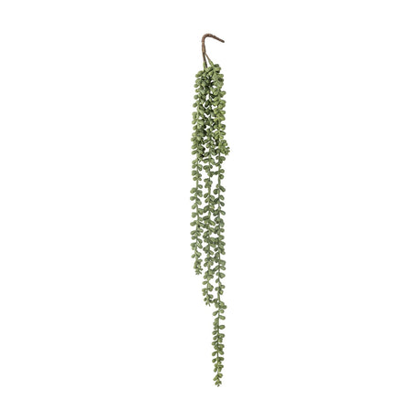 Pearl Artificial Plant in green, a trailing faux foliage with long beaded strands of small round leaves hanging from a hooked stem, shown against a plain white background.