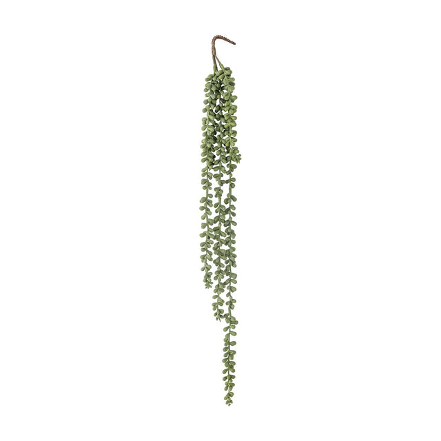 Pearl Artificial Plant in green, a trailing faux foliage with long beaded strands of small round leaves hanging from a hooked stem, shown against a plain white background.