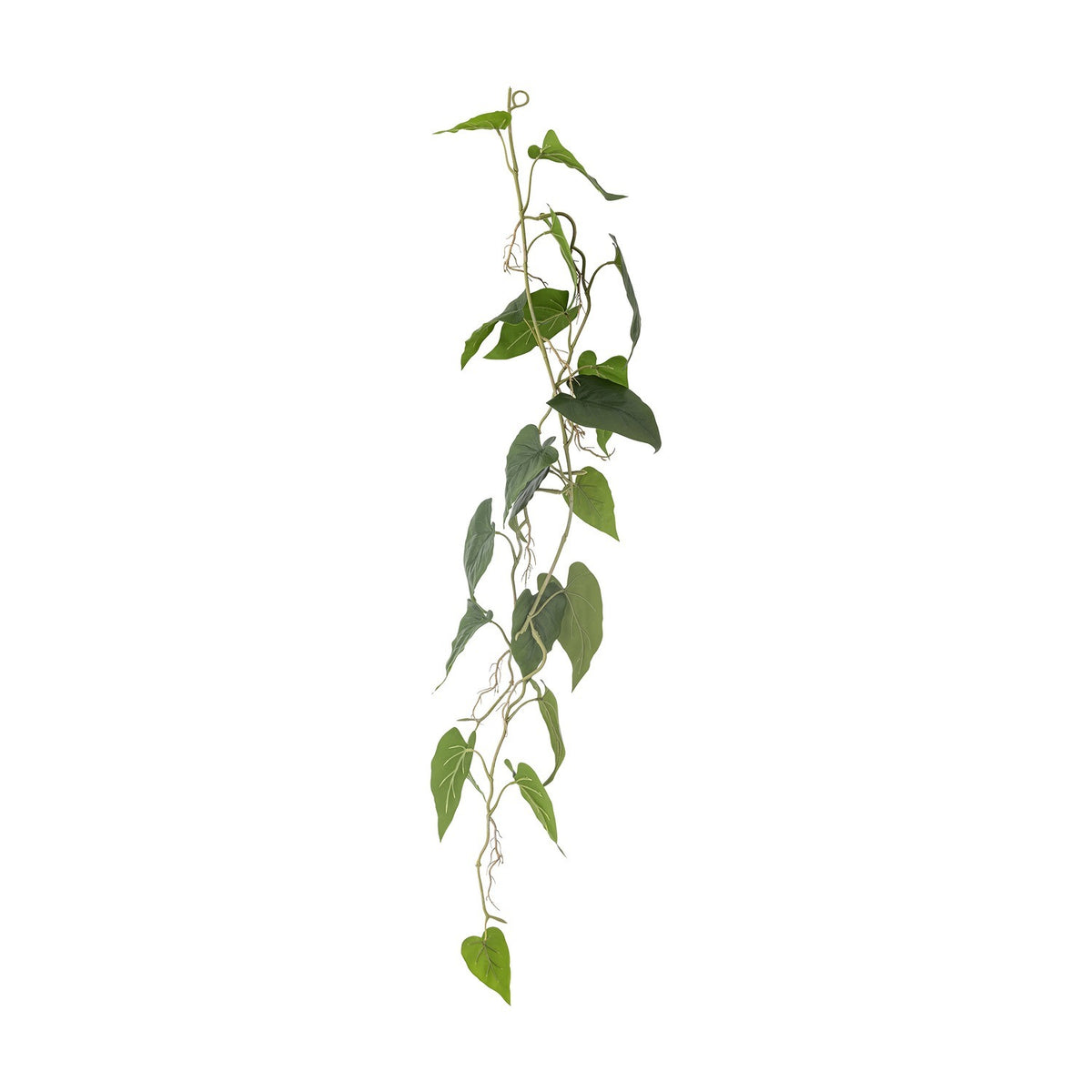 Anthurium Artificial Plant in green, a trailing stem with heart-shaped leaves and curling aerial roots along a winding vine, shown on a plain white background.