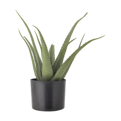 Artificial aloe plant with long, tapering toothed green leaves in a round black pot, shown against a plain white background.