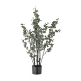 Artificial eucalyptus plant with tall, airy sprays of green foliage on slender stems, set in a round black pot against a plain white background.