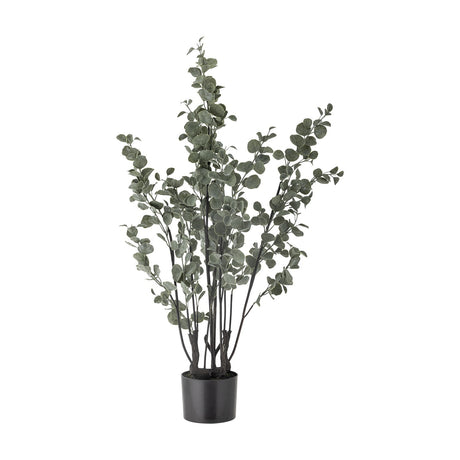 Artificial eucalyptus plant with tall, airy sprays of green foliage on slender stems, set in a round black pot against a plain white background.