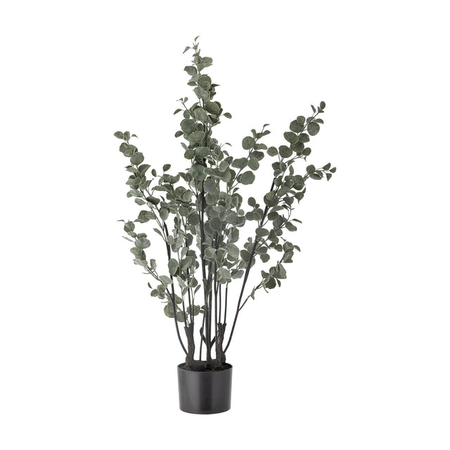 Artificial eucalyptus plant with tall, airy sprays of green foliage on slender stems, set in a round black pot against a plain white background.