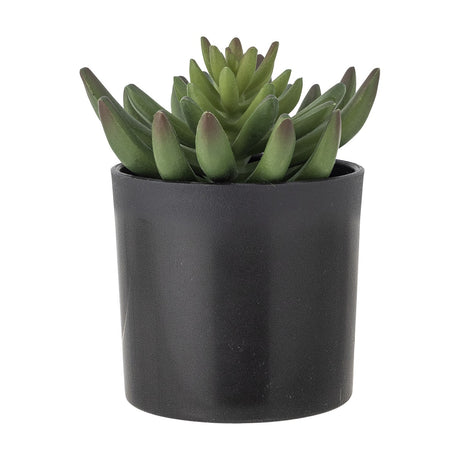 Artificial Echeveria plant with a rosette of plump, pointed green leaves shaded darker at the tips, set in a small round matte black pot against a plain white background.