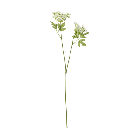 Artificial fennel stem with two umbrella-like clusters of tiny white florets and jagged green leaves on a branching green stem, shown against a plain white background.