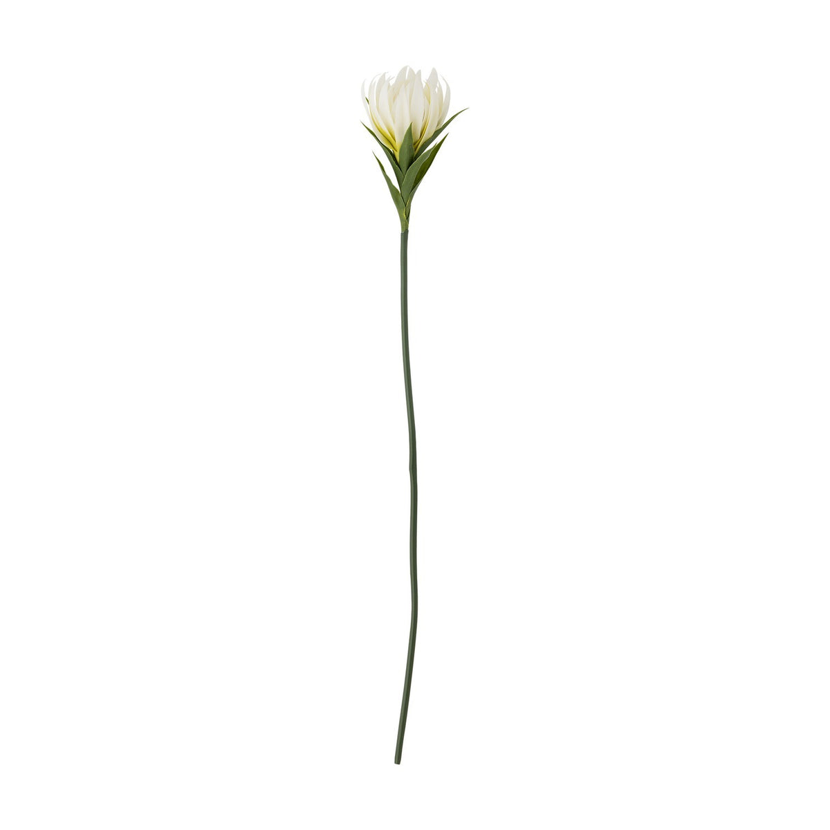 Lily Artificial Stem in White, a single faux flower with curled pointed petals forming a cupped head, slim leaves beneath, and a long slender green stem, shown on a plain white background.
