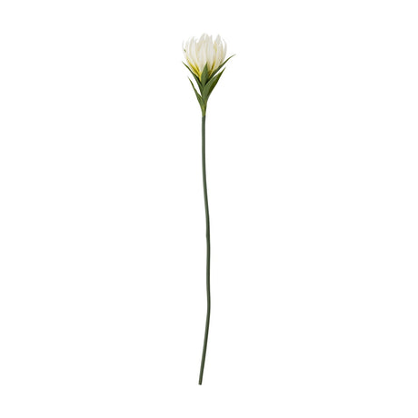 Lily Artificial Stem in White, a single faux flower with curled pointed petals forming a cupped head, slim leaves beneath, and a long slender green stem, shown on a plain white background.
