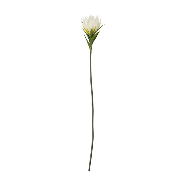 Lily Artificial Stem in White, a single faux flower with curled pointed petals forming a cupped head, slim leaves beneath, and a long slender green stem, shown on a plain white background.