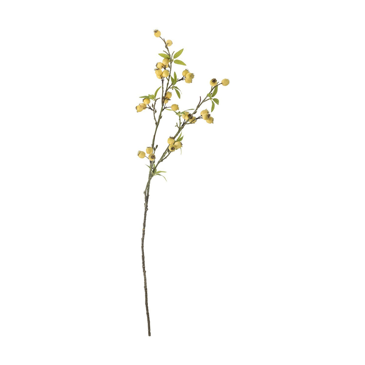 Hawthorn Artificial Branch in Yellow, a single slender stem with side shoots of small round yellow berries and pointed green leaves, bare stem base, shown on a plain white background.