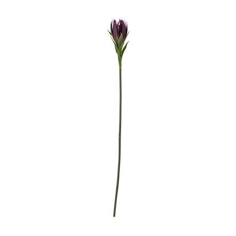 Artificial lily stem in purple with a layered, pointed-petal flowerhead atop a slim leaf collar and long green stem, shown on a plain white background.