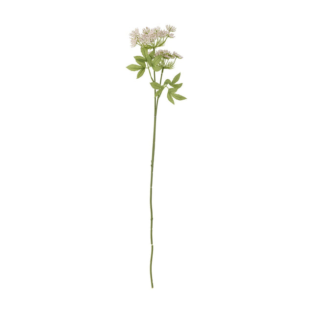 Fennel Artificial Stem in pink, a single tall stem with serrated green leaves and two lacy flower heads of tiny pink florets, set against a plain white background.