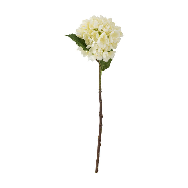 Artificial hydrangea stem with a rounded cream floret head, two broad leaves, and a long knotted brown stem, shown against a plain white background.