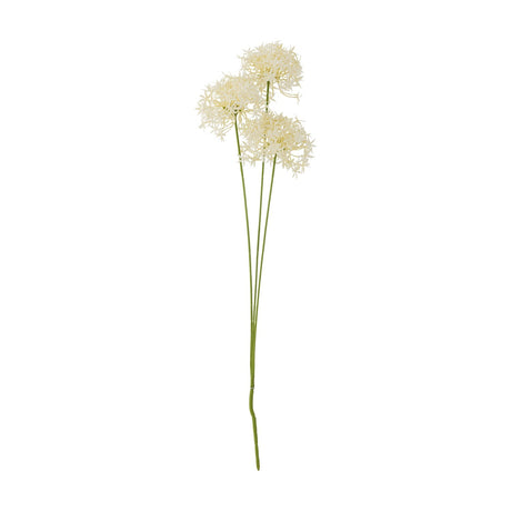 Allium Artificial Stem in white with three round flowerheads of star-shaped florets on green stems, shown against a plain white background.