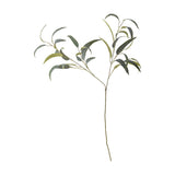 Eucalyptus Artificial Stem 101cm in green, a single faux branch with a bare lower stem dividing into two leafy sprays of long, curved narrow leaves, shown on a plain white background.