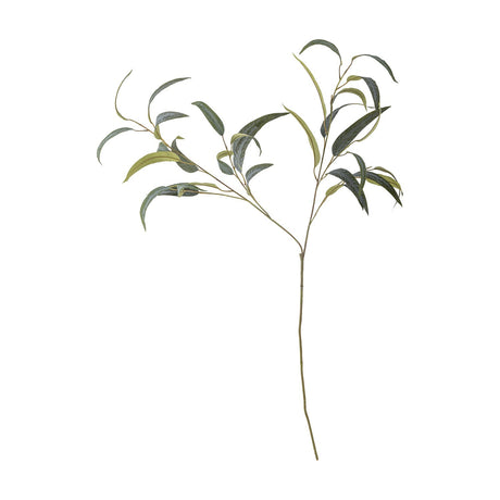 Eucalyptus Artificial Stem 101cm in green, a single faux branch with a bare lower stem dividing into two leafy sprays of long, curved narrow leaves, shown on a plain white background.