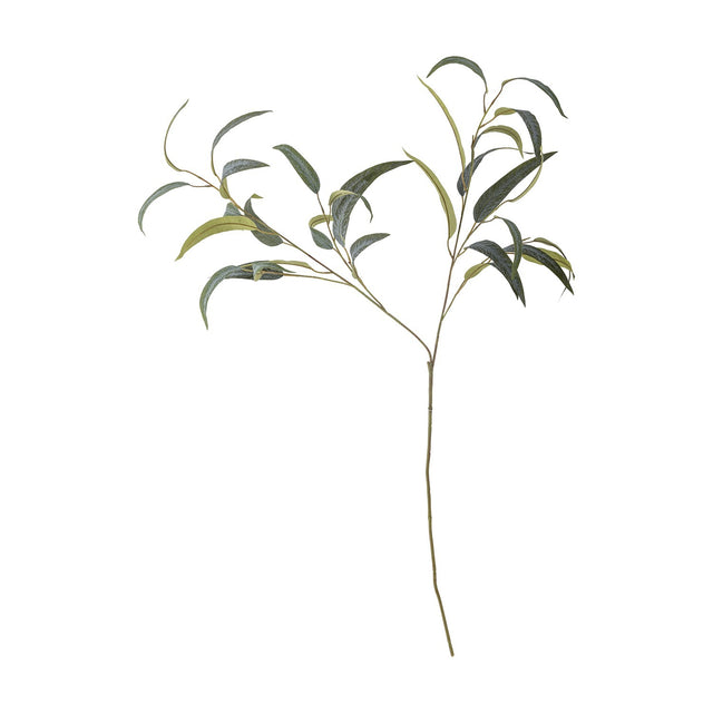 Eucalyptus Artificial Stem 101cm in green, a single faux branch with a bare lower stem dividing into two leafy sprays of long, curved narrow leaves, shown on a plain white background.