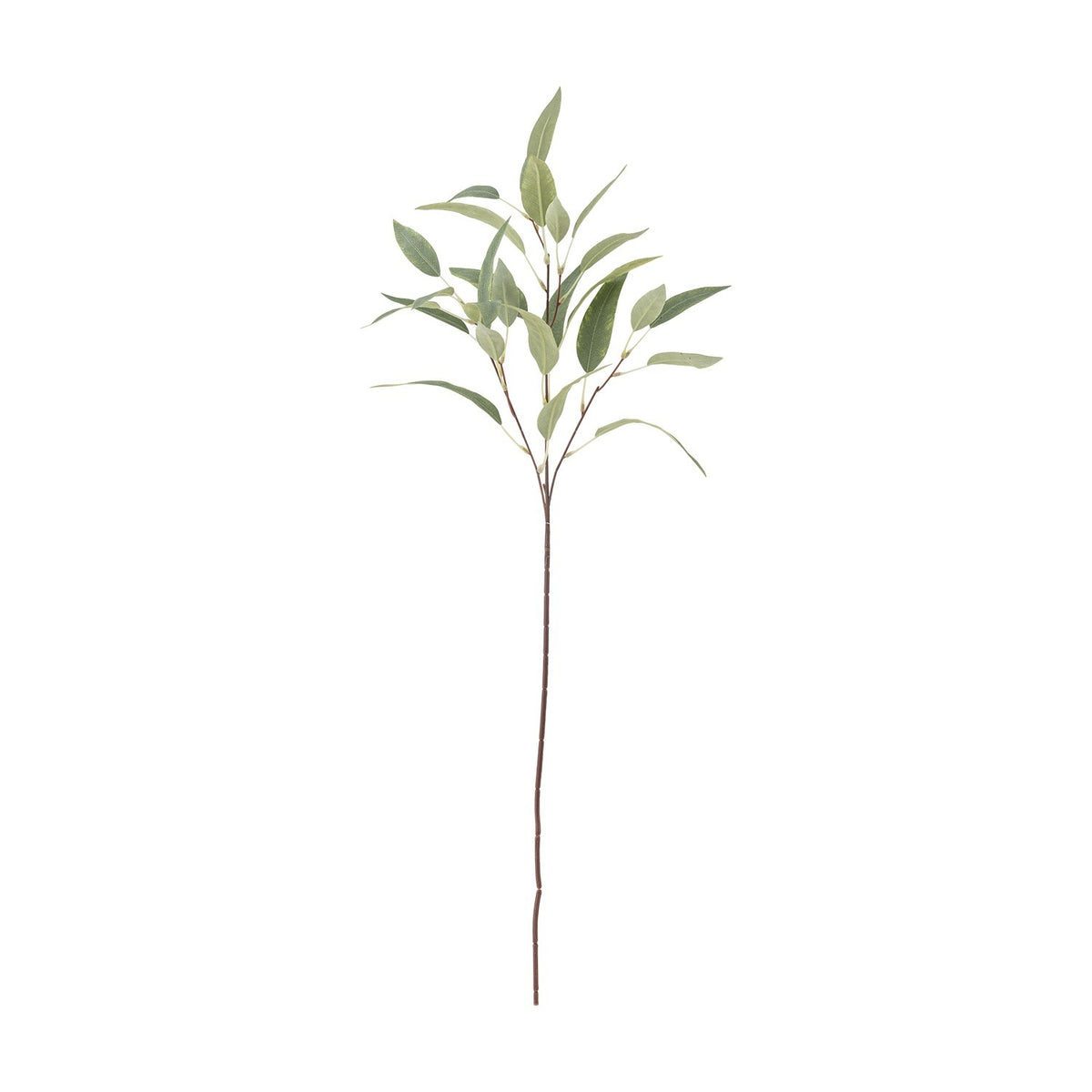 Artificial eucalyptus stem, 85x18cm, with a long bare brown stalk branching near the top into slim, pointed green leaves on fine side stems, shown against a plain white background.