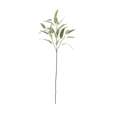 Artificial eucalyptus stem, 85x18cm, with a long bare brown stalk branching near the top into slim, pointed green leaves on fine side stems, shown against a plain white background.