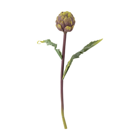 Protea Artificial Stem 54cm in purple, a faux plant with a layered bract flower head and two deeply cut leaves on a slim stem, shown against a plain white background.