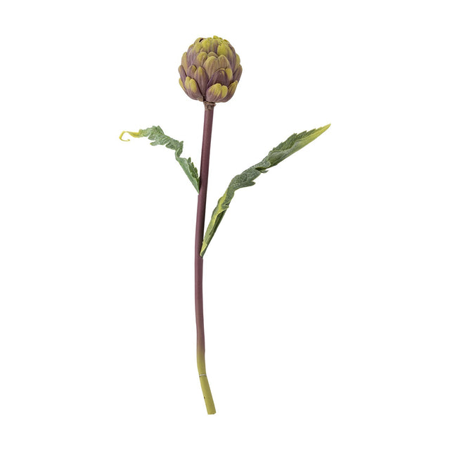 Protea Artificial Stem 54cm in purple, a faux plant with a layered bract flower head and two deeply cut leaves on a slim stem, shown against a plain white background.