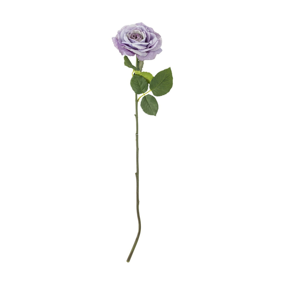 Artificial rose stem with a single open purple bloom with layered ruffled petals, green serrated leaves, and a long bendable stem on a plain white background.