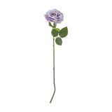Artificial rose stem with a single open purple bloom with layered ruffled petals, green serrated leaves, and a long bendable stem on a plain white background.