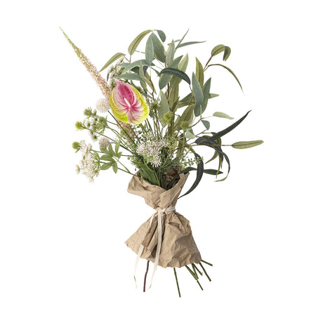 Blush Artificial Bouquet in green, featuring a large pink heart-shaped bloom, tall flowering spire, thistle heads and lacy white flowers, wrapped in kraft paper with ribbon on a white background.