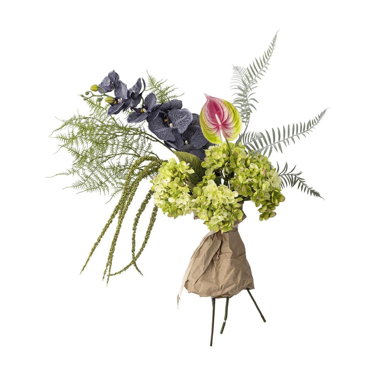 Poetry Artificial Bouquet in Green featuring large green hydrangea heads, dark veined orchid sprays, a pink anthurium, ferns and trailing foliage, wrapped in paper, on a white background.