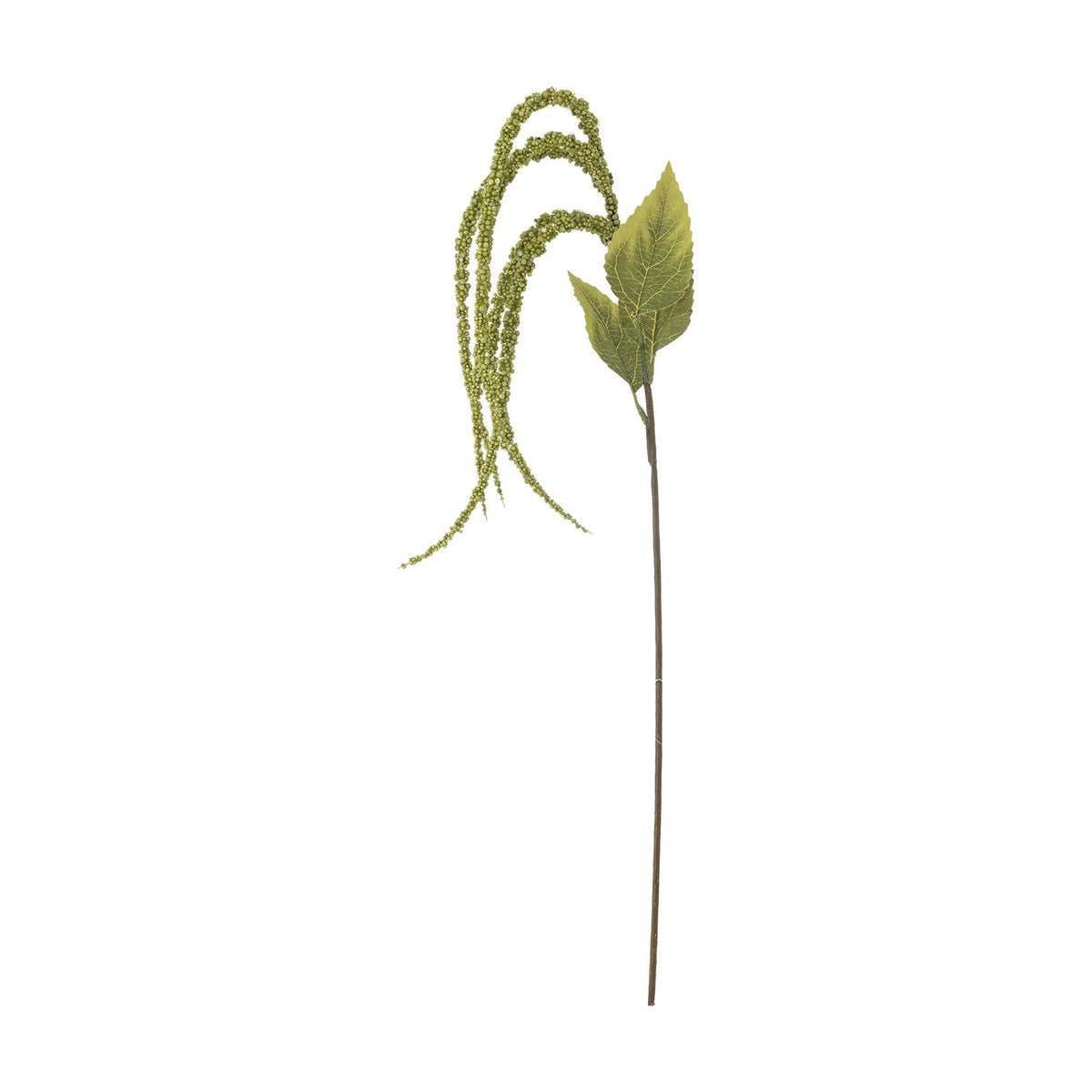Foxtail Artificial Stem in green, featuring a single tall stem with broad veined leaves and trailing beaded tassels, set against a plain white background.