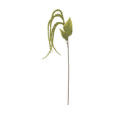 Foxtail Artificial Stem in green, featuring a single tall stem with broad veined leaves and trailing beaded tassels, set against a plain white background.