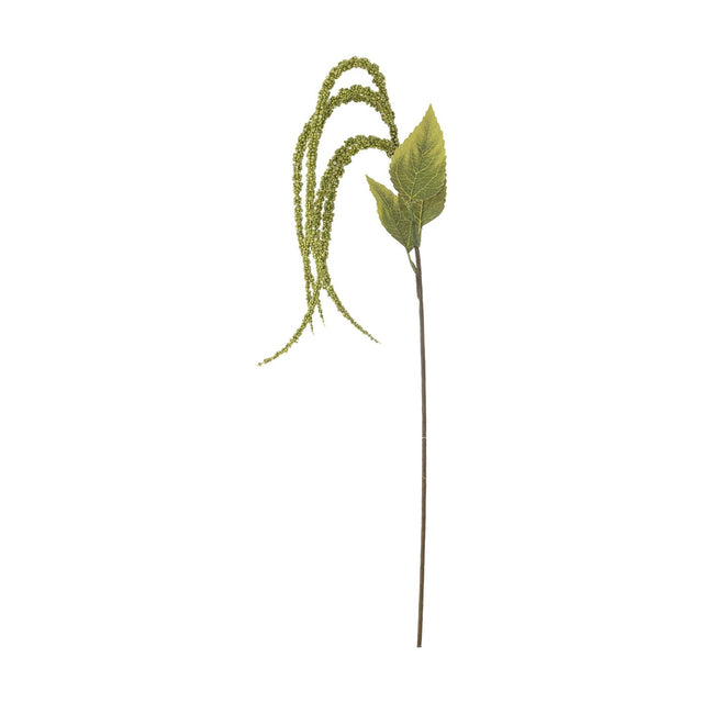 Foxtail Artificial Stem in green, featuring a single tall stem with broad veined leaves and trailing beaded tassels, set against a plain white background.