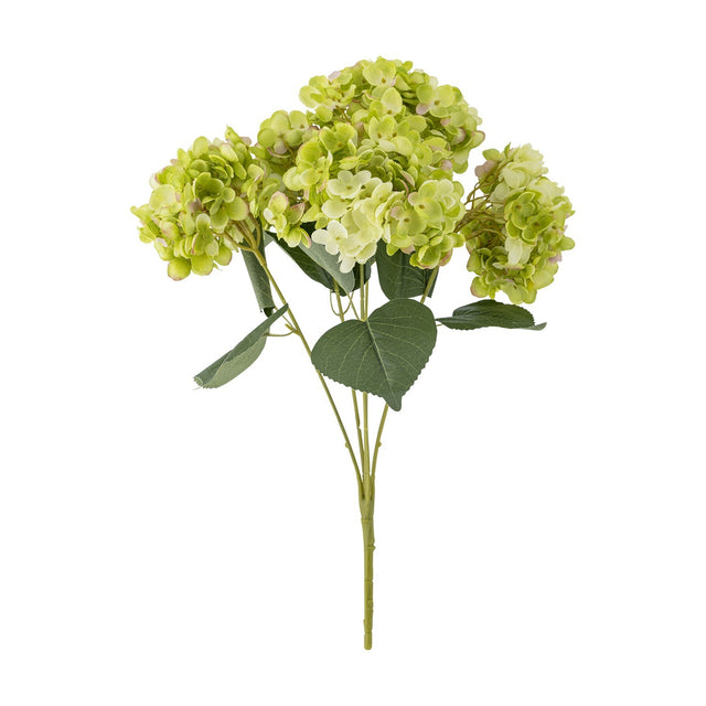 Hydrangea Artificial Stem 49cm in green, a single branching stem with several domed flowerheads and green leaves, shown on a plain white background.