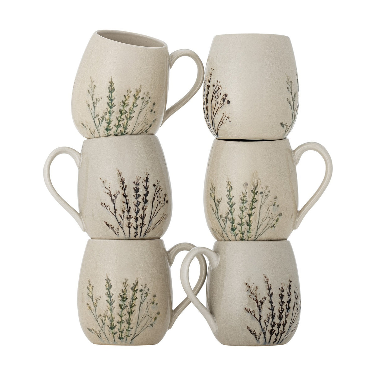 Set of six cream stoneware mugs, 400ml, with round bodies, open loop handles, and delicate floral designs in green and brown, stacked in pairs on a white background.