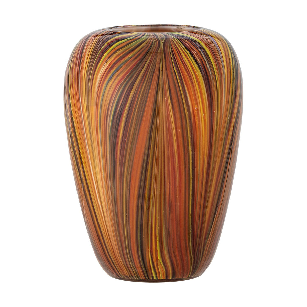 Sunny Striped Glass Vase 22.5cm in orange, rounded shape with full shoulders tapering to a narrow neck, fine swirling stripes in orange, yellow and brown tones, shown on a plain white background.