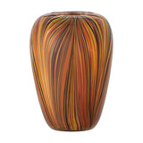 Sunny Striped Glass Vase 22.5cm in orange, rounded shape with full shoulders tapering to a narrow neck, fine swirling stripes in orange, yellow and brown tones, shown on a plain white background.