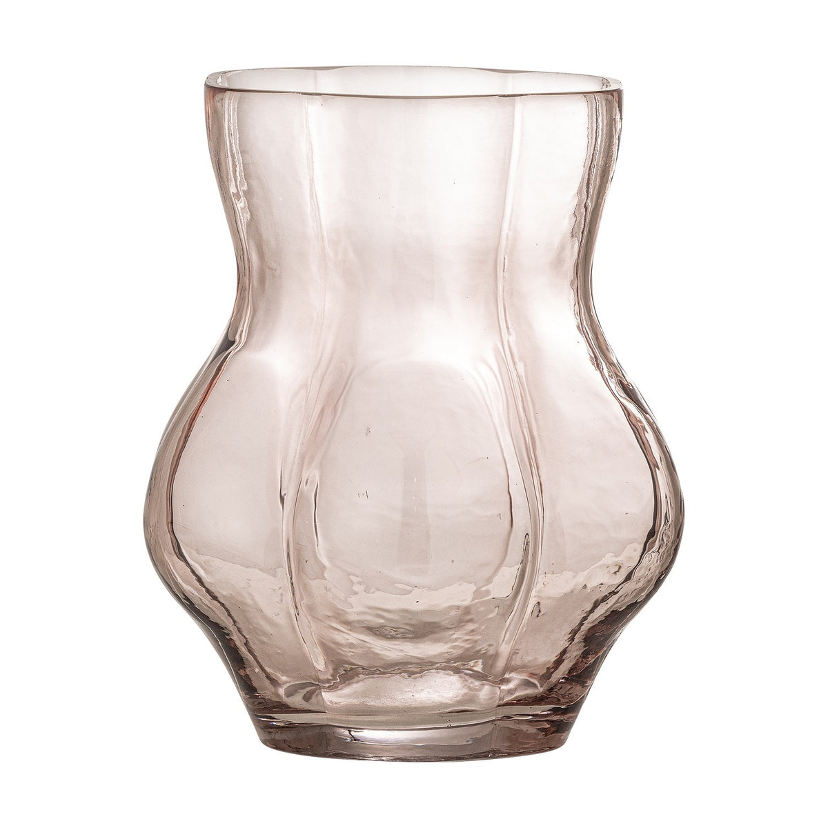 Tava Glass Vase 20cm in Pink, a ribbed glass vase with a flared rim and rounded, lobed body on a small foot, shown against a plain white background.