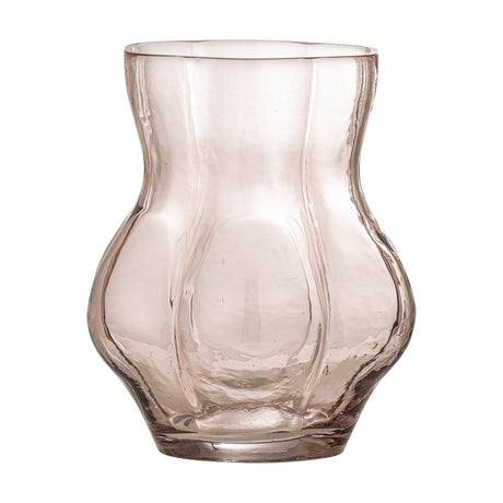 Tava Glass Vase 20cm in Pink, a ribbed glass vase with a flared rim and rounded, lobed body on a small foot, shown against a plain white background.
