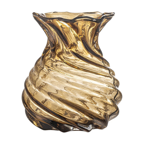 Rylo Glass Vase 18.5cm in brown, with a spiral ribbed body, pinched neck and flared wavy rim, shown on a plain white background.
