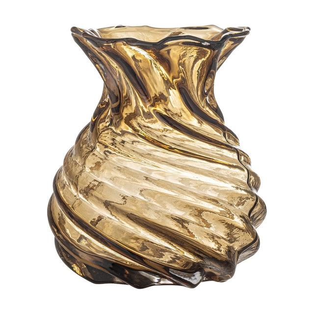 Rylo Glass Vase 18.5cm in brown, with a spiral ribbed body, pinched neck and flared wavy rim, shown on a plain white background.