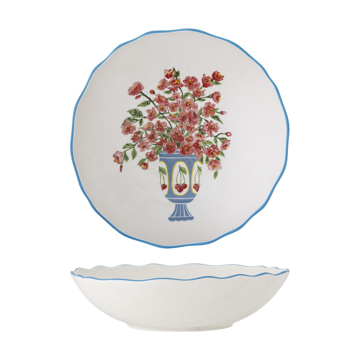 Dorothy 28cm stoneware serving bowl in white, shown both top-down with a scalloped blue-rimmed edge and floral vase design, and in profile, on a plain background.