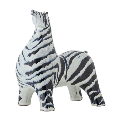 Zayn Zebra stoneware ornament in white glaze with bold black stripes, standing on four legs with neck stretched and head tilted upward, shown on a plain white background.