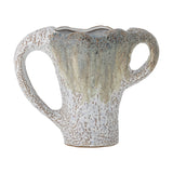 Ledger Speckled Stoneware Vase 21cm in white with a wavy rim, two asymmetric loop handles, and a flared body on a narrow foot, shown against a plain white background.