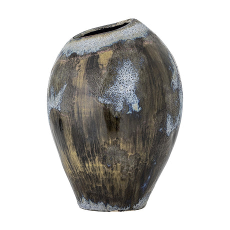 Senja Stoneware Vase 31.5cm in Brown, an egg-shaped ceramic vase with a narrow foot and tilted rim, brown vertical glaze streaks with speckled light patches, on a plain white background.