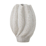 Cove Stoneware Vase 28cm in White, a ceramic vase with ribbed, lobed sides and a pebbled textured glaze, tapering to a narrow foot with a wavy rim, shown on a plain white background.