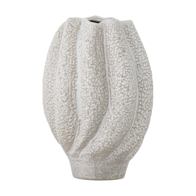 Cove Stoneware Vase 28cm in White, a ceramic vase with ribbed, lobed sides and a pebbled textured glaze, tapering to a narrow foot with a wavy rim, shown on a plain white background.