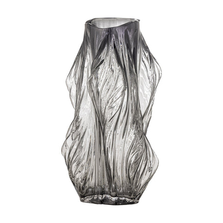 Tulla Wavy Glass Vase 32cm in grey, mouth-blown glass with rippled, folded walls and an uneven rim, shown against a plain white background.