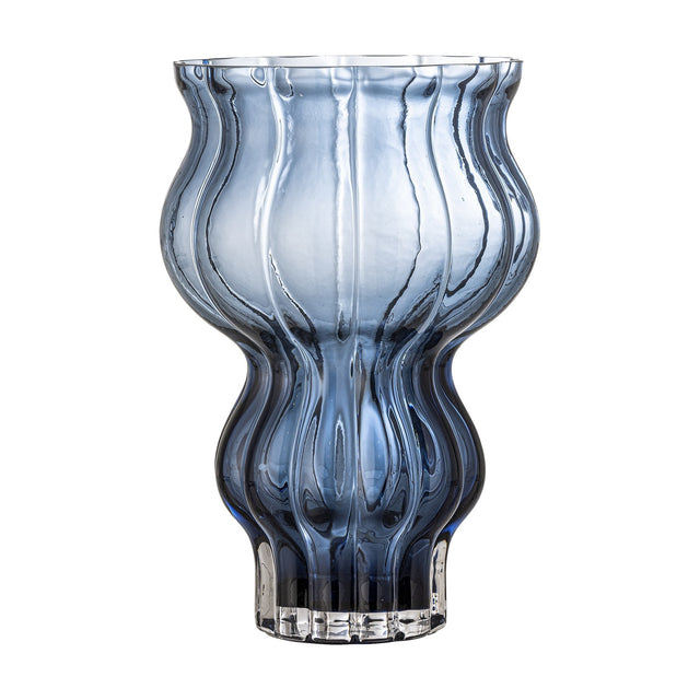 Zanna Glass Vase 26cm in blue, with a flaring ribbed bowl, pinched waist, rounded lower bulb, and short fluted foot, shown on a plain white background.