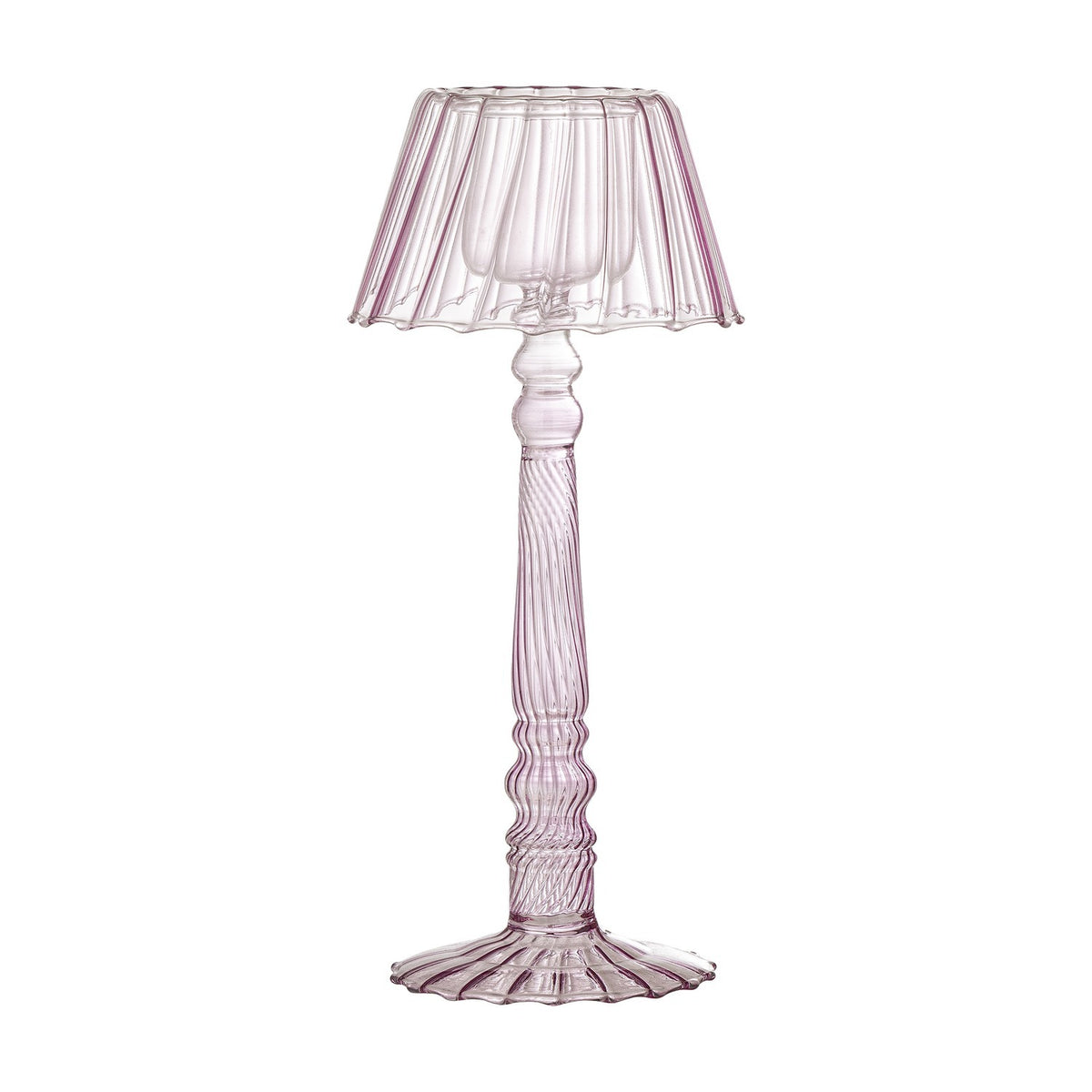 Cisco Glass Tealight Holder in pink, shaped like a small table lamp with a fluted scalloped shade, twisted stem and ribbed flared foot, 23.5cm tall on a white background.