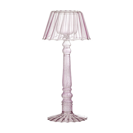 Cisco Glass Tealight Holder in pink, shaped like a small table lamp with a fluted scalloped shade, twisted stem and ribbed flared foot, 23.5cm tall on a white background.