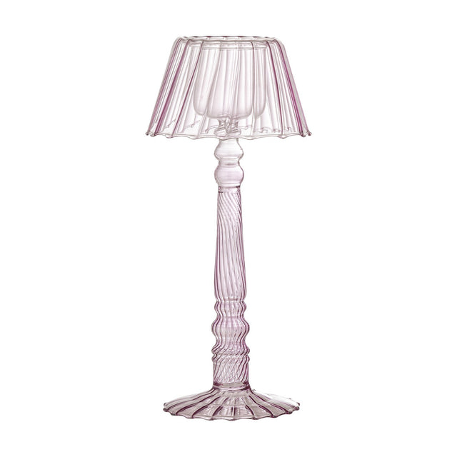 Cisco Glass Tealight Holder in pink, shaped like a small table lamp with a fluted scalloped shade, twisted stem and ribbed flared foot, 23.5cm tall on a white background.